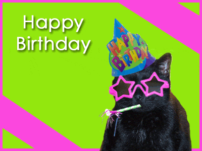 GFTBlackCat.gif Happy Birthday Black Cat You're one Cool Glasses Star Hat Pink Green Party Blower Favor Funny Kittycat Cats image by Swedishfarmgirl13