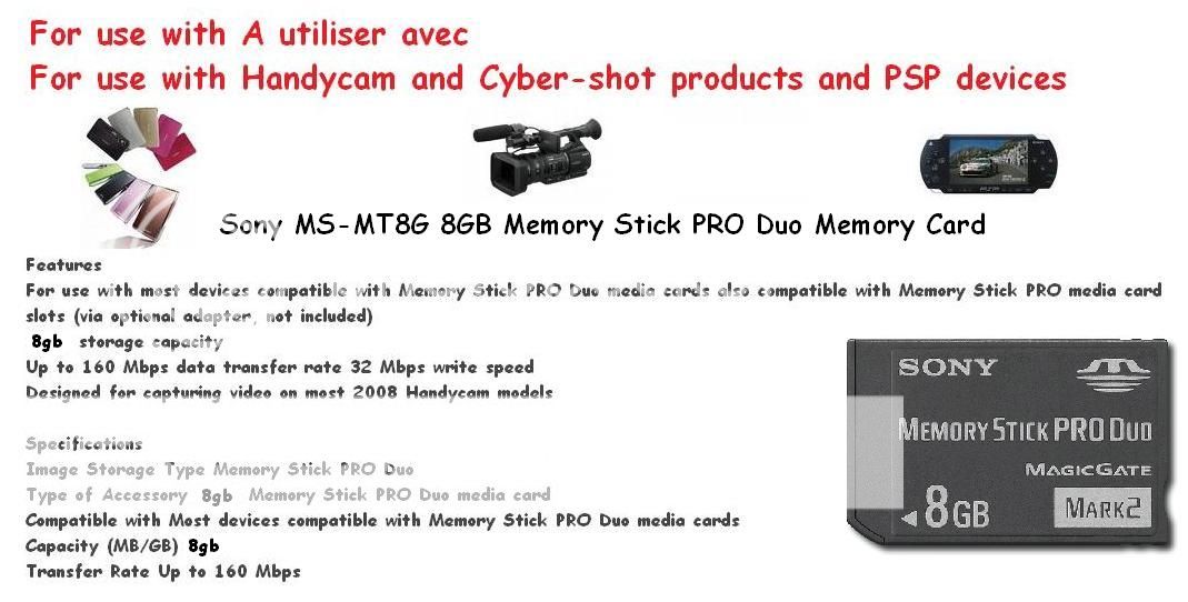 Geniune Sony MS MT8G 8GB Memory Stick Pro Duo Card